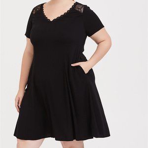 Black Challis Lace Yoke Trapeze Dress Torrid